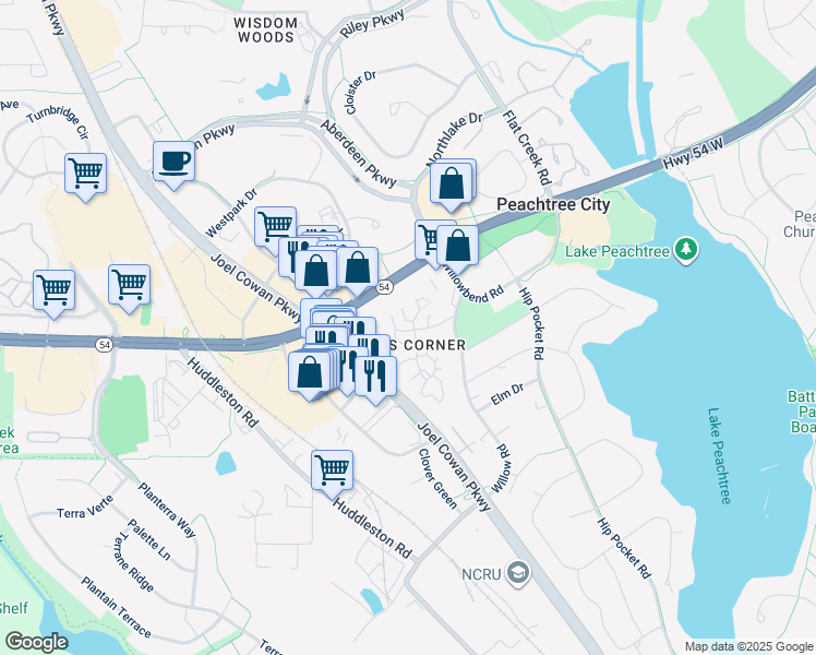 map of restaurants, bars, coffee shops, grocery stores, and more near 373 Twiggs Corners in Peachtree City
