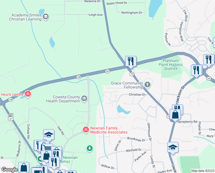 map of restaurants, bars, coffee shops, grocery stores, and more near 903 Overby Park Drive in Newnan
