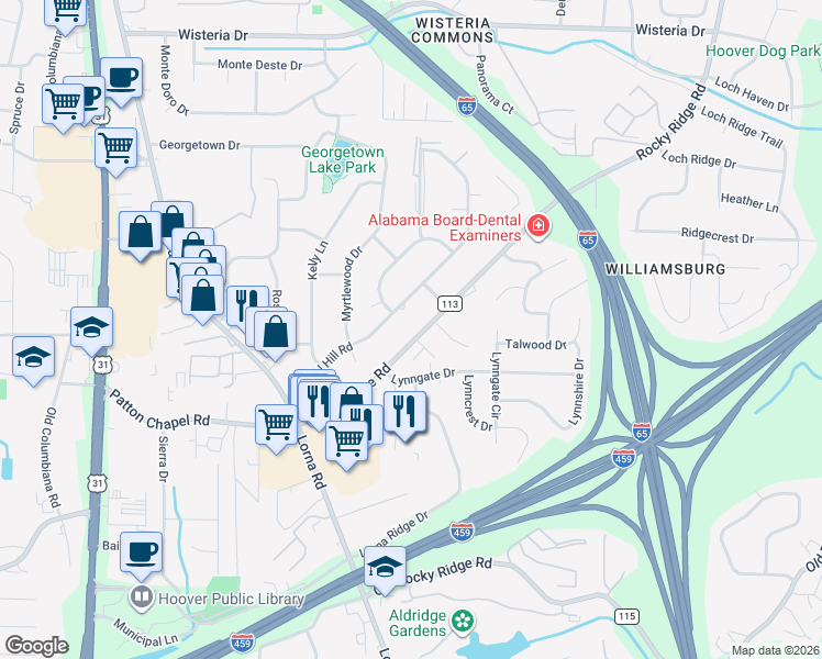 map of restaurants, bars, coffee shops, grocery stores, and more near 2161 Chapel Hill Road in Birmingham