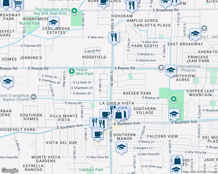 map of restaurants, bars, coffee shops, grocery stores, and more near 5416 South 16th Place in Phoenix