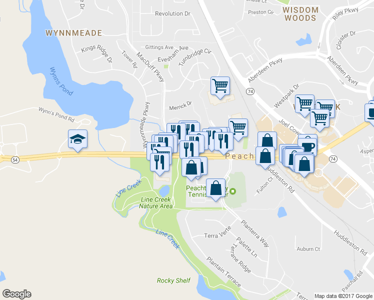 map of restaurants, bars, coffee shops, grocery stores, and more near 2779 Highway 54 in Peachtree City