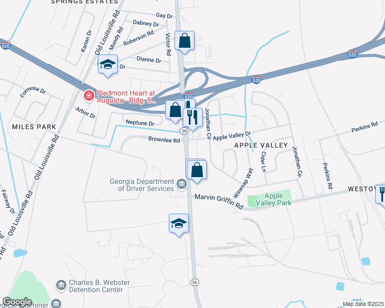 map of restaurants, bars, coffee shops, grocery stores, and more near 211 Forest Ridge Place in Augusta
