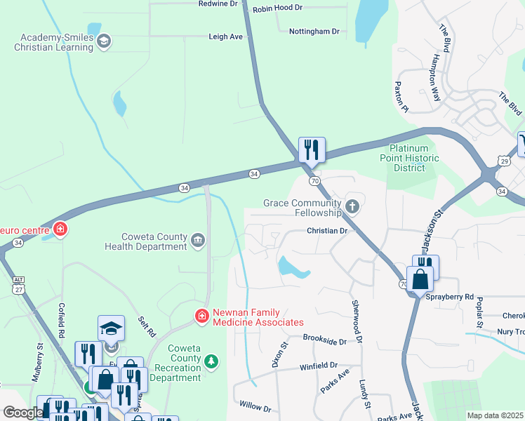 map of restaurants, bars, coffee shops, grocery stores, and more near 903 Overby Park Drive in Newnan