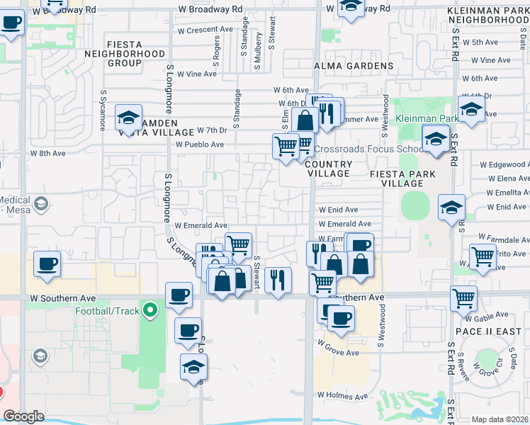 map of restaurants, bars, coffee shops, grocery stores, and more near Villas Mesa III Apartments in Mesa