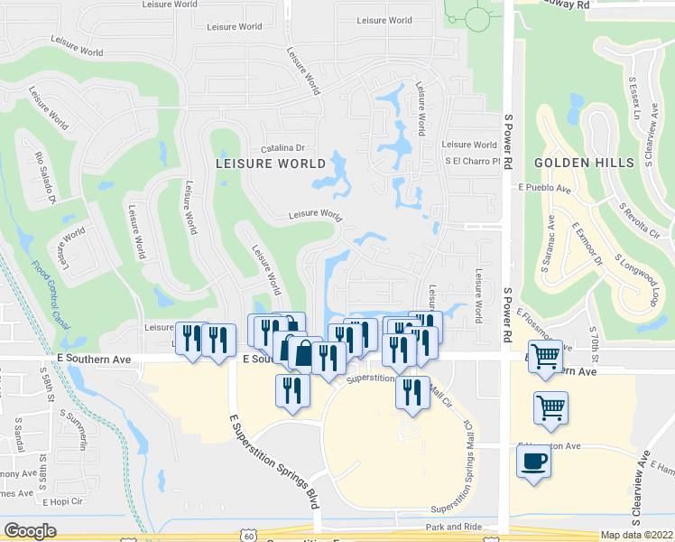 map of restaurants, bars, coffee shops, grocery stores, and more near 374 Leisure World in Mesa