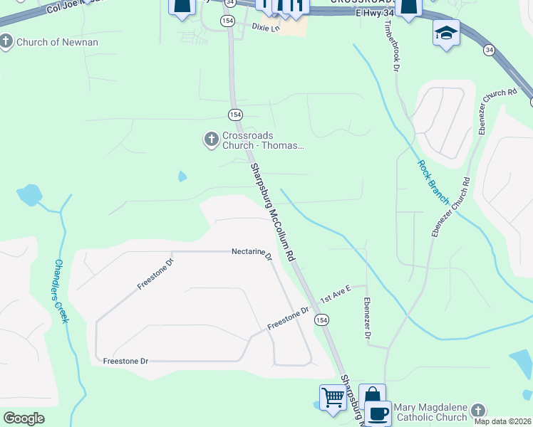 map of restaurants, bars, coffee shops, grocery stores, and more near 15 Creekwood Drive in Newnan