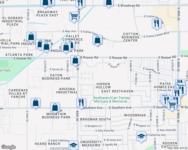 map of restaurants, bars, coffee shops, grocery stores, and more near 4140 East Chambers Street in Phoenix
