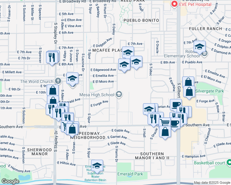 map of restaurants, bars, coffee shops, grocery stores, and more near 800 South Harris Drive in Mesa
