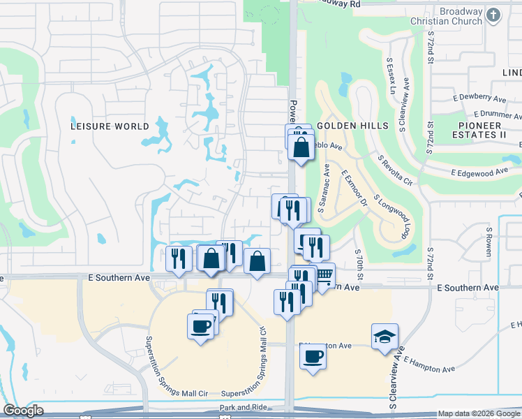 map of restaurants, bars, coffee shops, grocery stores, and more near 94 Leisure World in Mesa