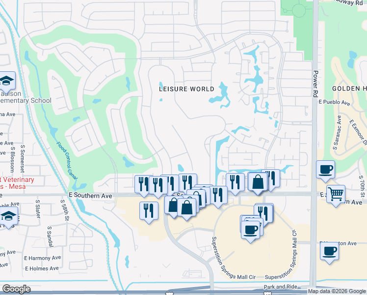map of restaurants, bars, coffee shops, grocery stores, and more near 1365 Leisure World in Mesa