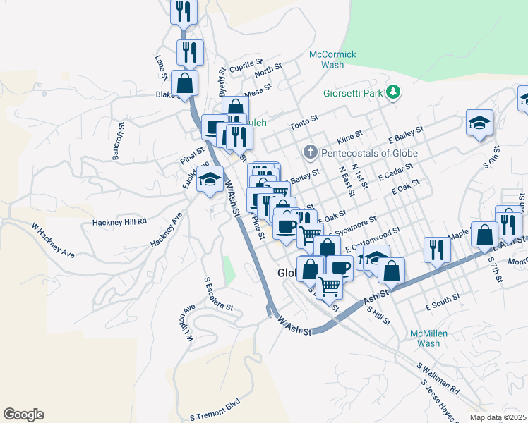map of restaurants, bars, coffee shops, grocery stores, and more near 292 North Broad Street in Globe