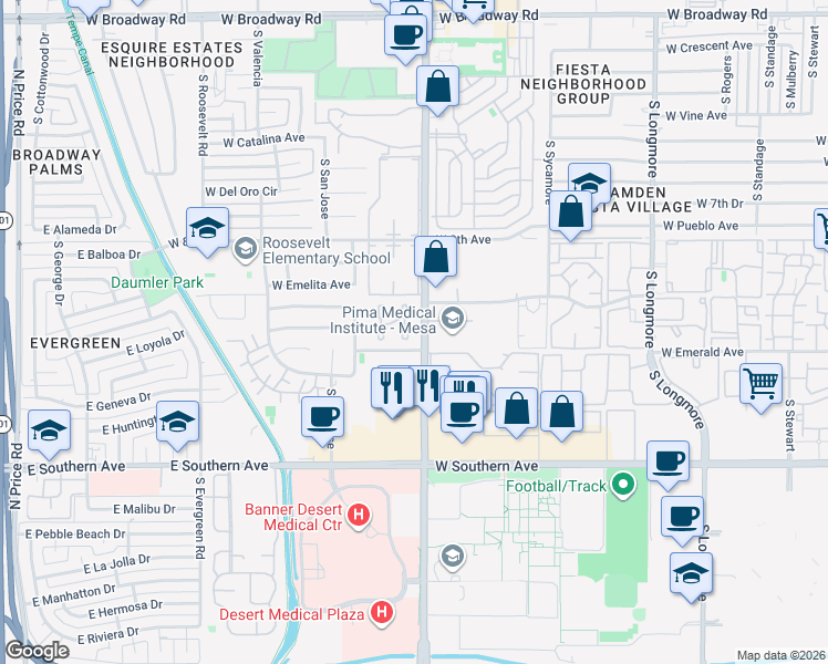 map of restaurants, bars, coffee shops, grocery stores, and more near 901 South Dobson Road in Mesa