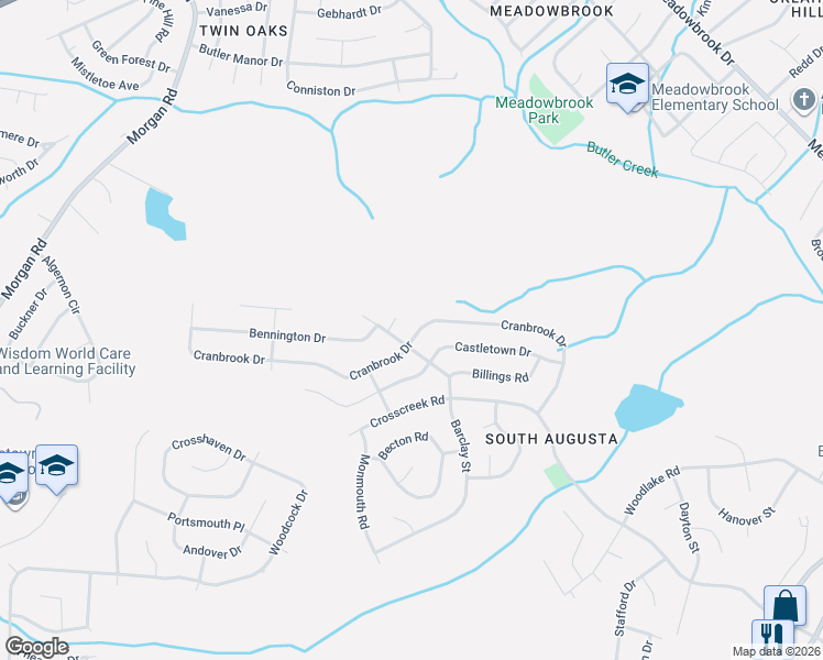 map of restaurants, bars, coffee shops, grocery stores, and more near 2671 Cranbrook Drive in Hephzibah