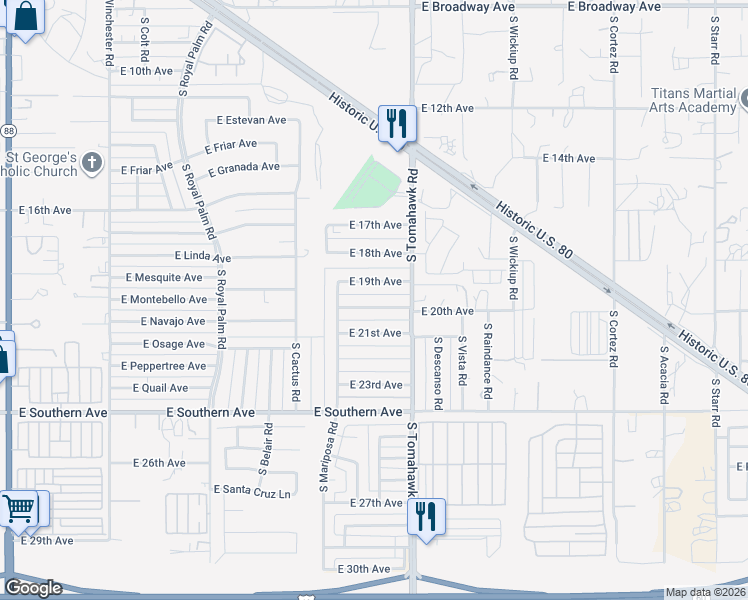 map of restaurants, bars, coffee shops, grocery stores, and more near 1392 East 20th Avenue in Apache Junction