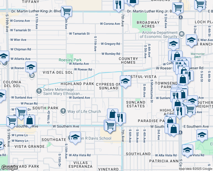 map of restaurants, bars, coffee shops, grocery stores, and more near 5404 South 9th Avenue in Phoenix