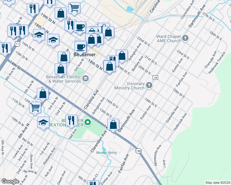 map of restaurants, bars, coffee shops, grocery stores, and more near 1632 Berkley Avenue in Bessemer