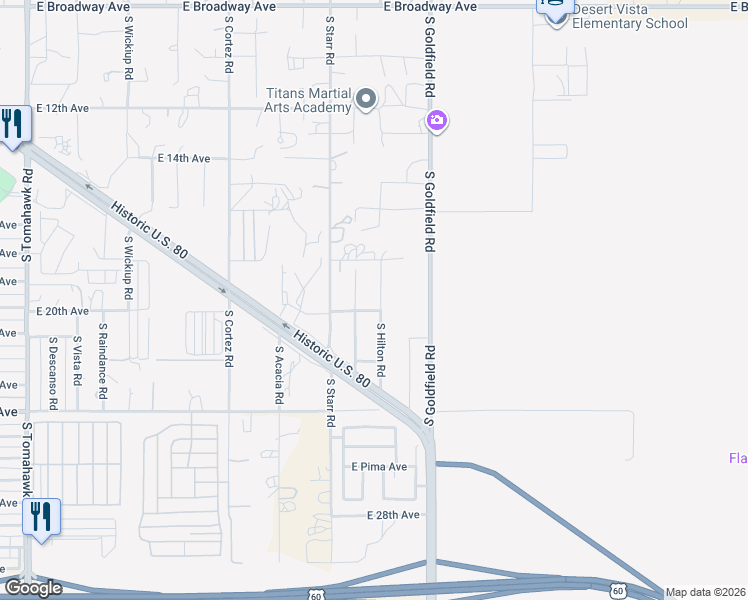 map of restaurants, bars, coffee shops, grocery stores, and more near 1929 South Vaquero Road in Apache Junction