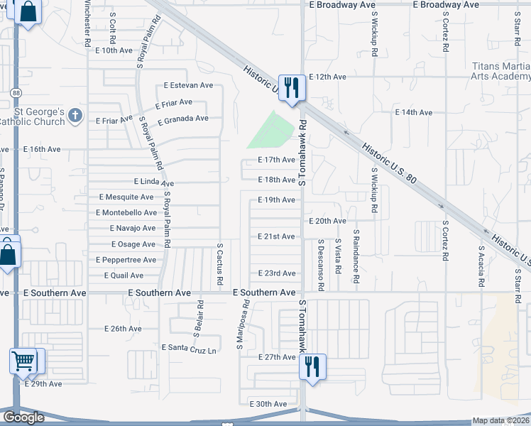 map of restaurants, bars, coffee shops, grocery stores, and more near 1392 East 20th Avenue in Apache Junction