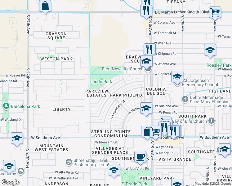 map of restaurants, bars, coffee shops, grocery stores, and more near 2137 West Pecan Road in Phoenix