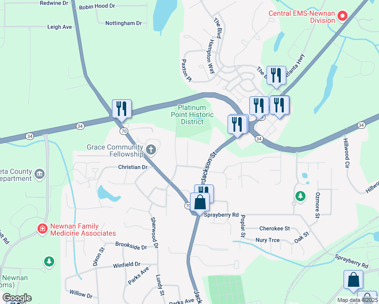 map of restaurants, bars, coffee shops, grocery stores, and more near 300 Jackson Street in Newnan
