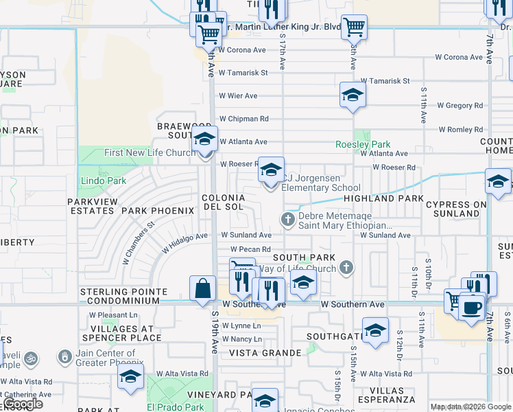 map of restaurants, bars, coffee shops, grocery stores, and more near 1734 West Bowker Street in Phoenix