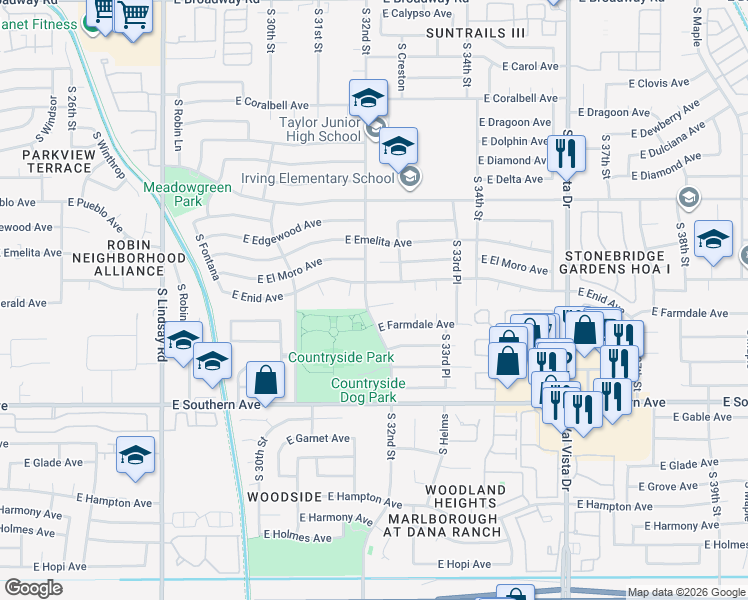 map of restaurants, bars, coffee shops, grocery stores, and more near 3214 East Emerald Circle in Mesa