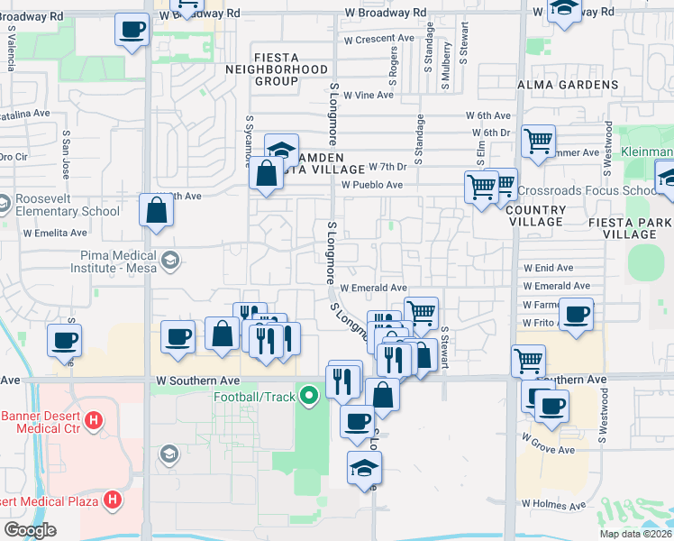 map of restaurants, bars, coffee shops, grocery stores, and more near 949 South Longmore in Mesa