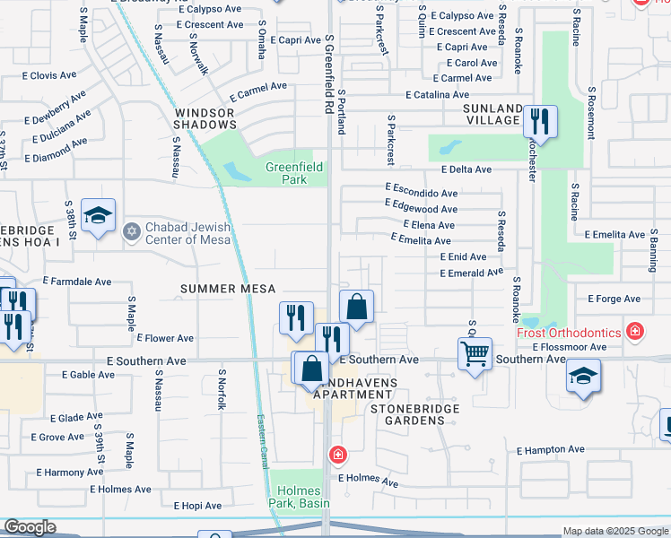 map of restaurants, bars, coffee shops, grocery stores, and more near 1021 South Greenfield Road in Mesa