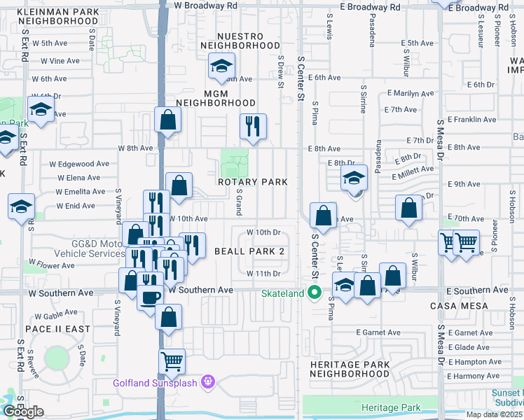 map of restaurants, bars, coffee shops, grocery stores, and more near 955 South Macdonald in Mesa