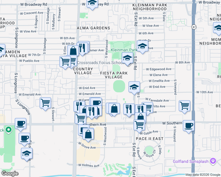 map of restaurants, bars, coffee shops, grocery stores, and more near 936 West Emerald Circle in Mesa