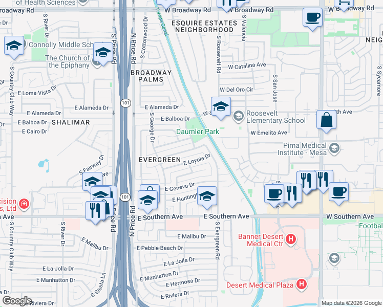 map of restaurants, bars, coffee shops, grocery stores, and more near 2527 East Del Rio Drive in Tempe