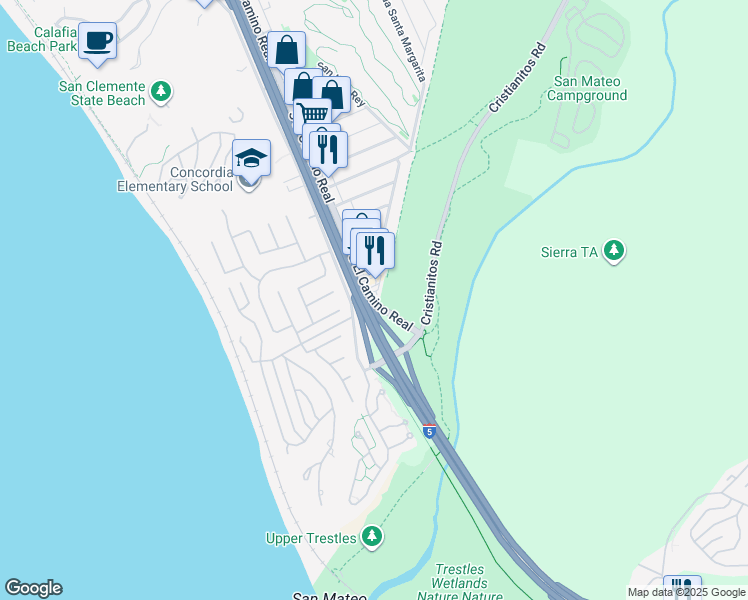 map of restaurants, bars, coffee shops, grocery stores, and more near 3971 South El Camino Real in San Clemente