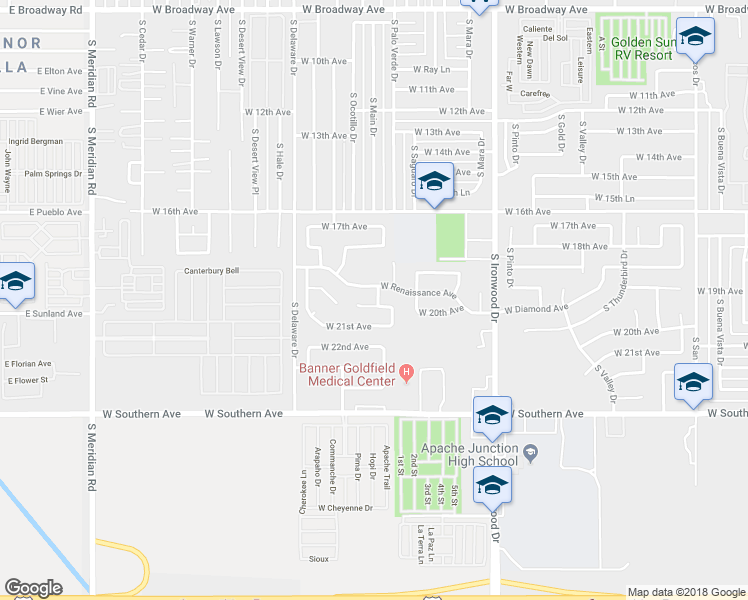 map of restaurants, bars, coffee shops, grocery stores, and more near 1996 West 20th Avenue in Apache Junction