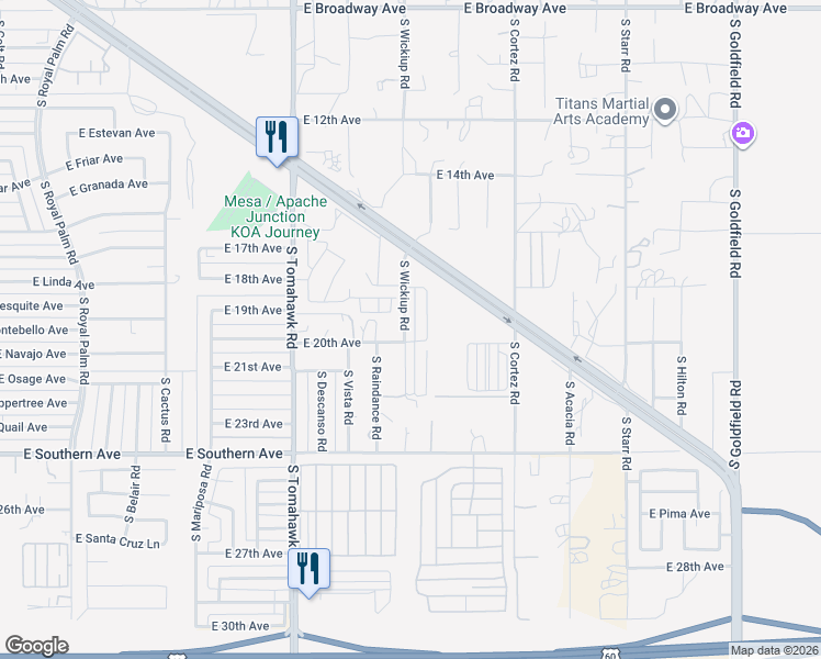 map of restaurants, bars, coffee shops, grocery stores, and more near 2015 East Old West Highway in Apache Junction