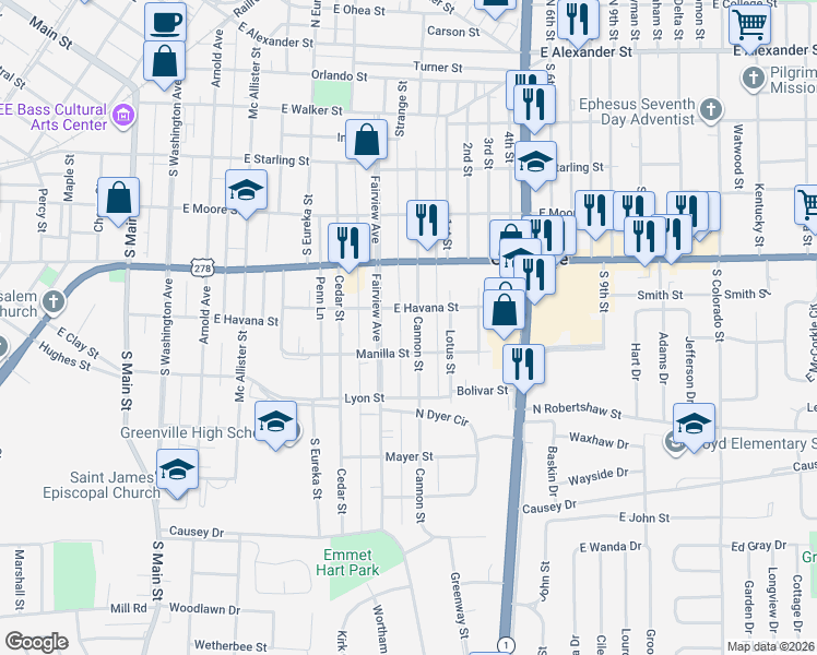 map of restaurants, bars, coffee shops, grocery stores, and more near 719 Cannon Street in Greenville