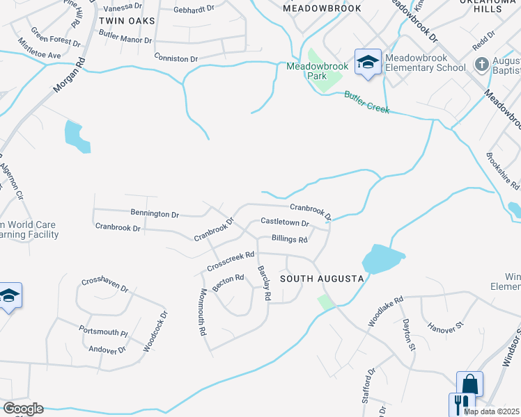 map of restaurants, bars, coffee shops, grocery stores, and more near 2650 Cranbrook Drive in Hephzibah