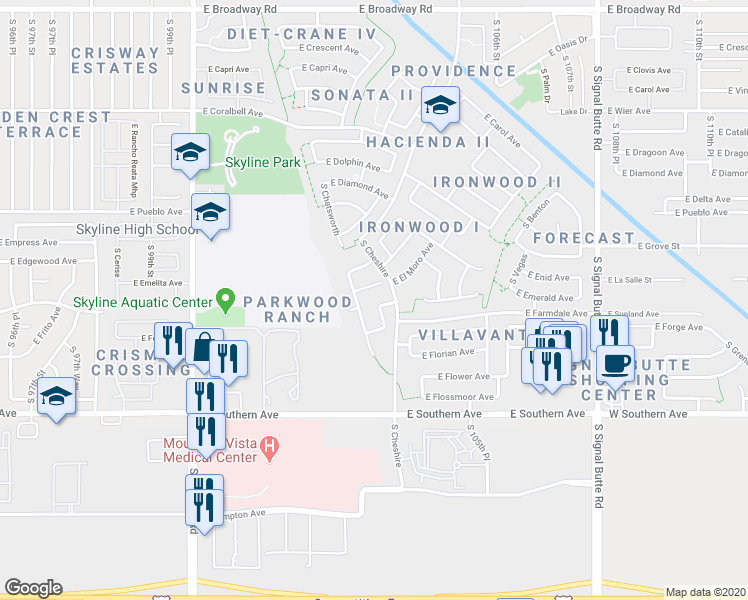 map of restaurants, bars, coffee shops, grocery stores, and more near 10346 East Emerald Avenue in Mesa