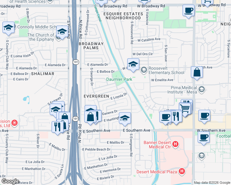 map of restaurants, bars, coffee shops, grocery stores, and more near 2527 East Del Rio Drive in Tempe