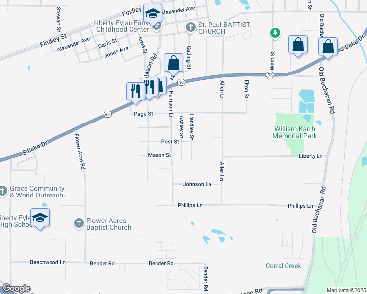 map of restaurants, bars, coffee shops, grocery stores, and more near 2203 Ashley Street in Texarkana
