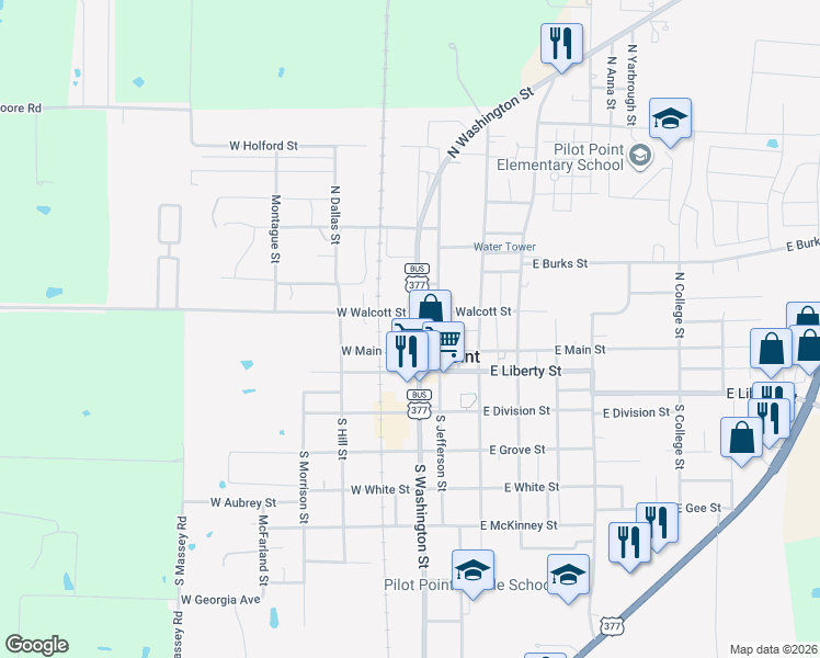 map of restaurants, bars, coffee shops, grocery stores, and more near 116 North Washington Street in Pilot Point