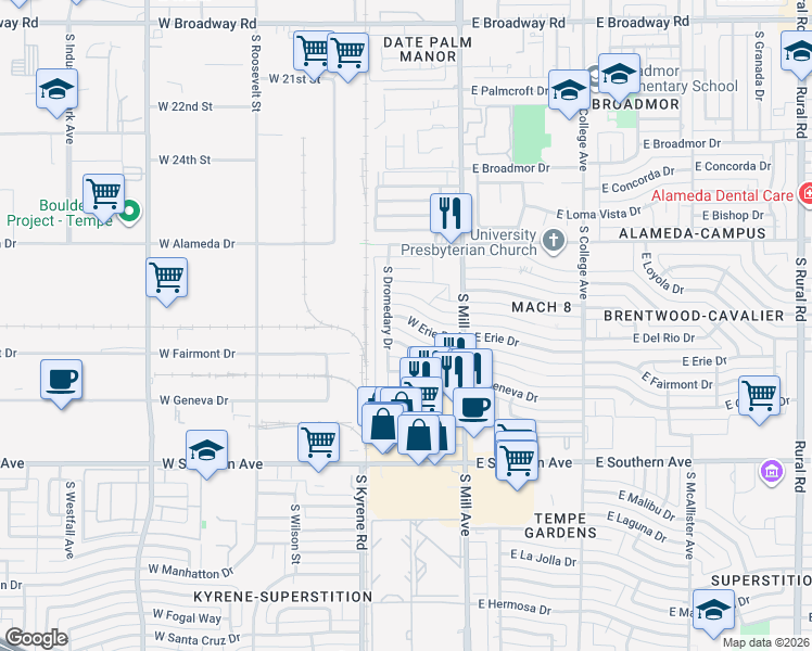 map of restaurants, bars, coffee shops, grocery stores, and more near 115 West Erie Drive in Tempe
