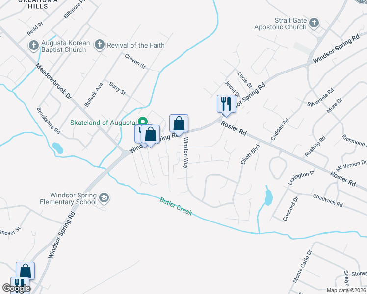 map of restaurants, bars, coffee shops, grocery stores, and more near 2428 Winston Way in Augusta