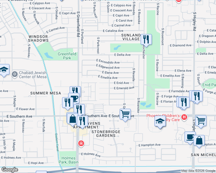 map of restaurants, bars, coffee shops, grocery stores, and more near 4560 East Emerald Circle in Mesa