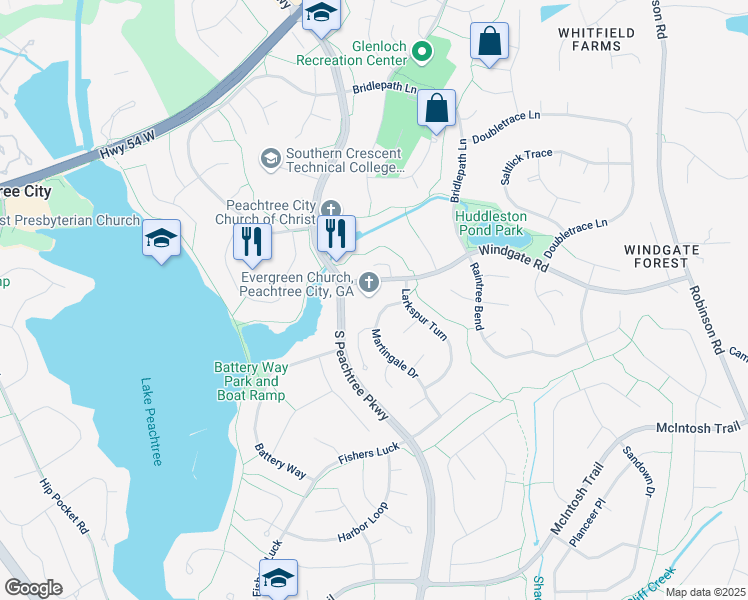 map of restaurants, bars, coffee shops, grocery stores, and more near 225 South Peachtree Parkway in Peachtree City