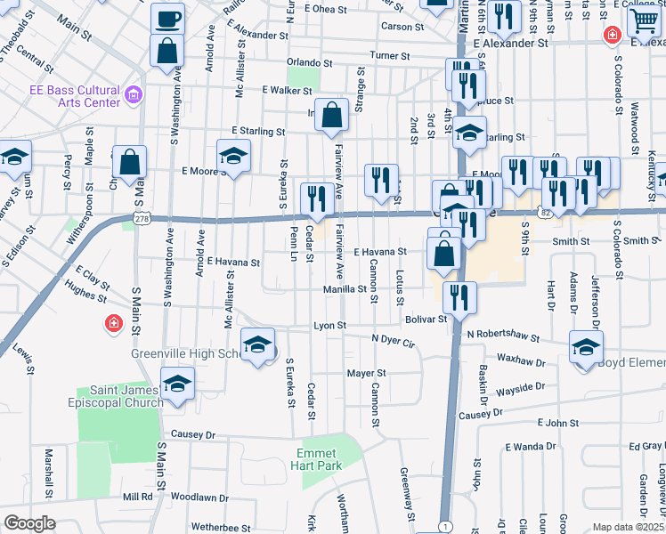 map of restaurants, bars, coffee shops, grocery stores, and more near 719 Fairview Avenue in Greenville