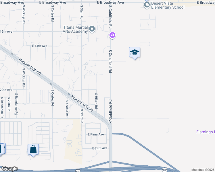 map of restaurants, bars, coffee shops, grocery stores, and more near 1966 South Goldfield Road in Apache Junction