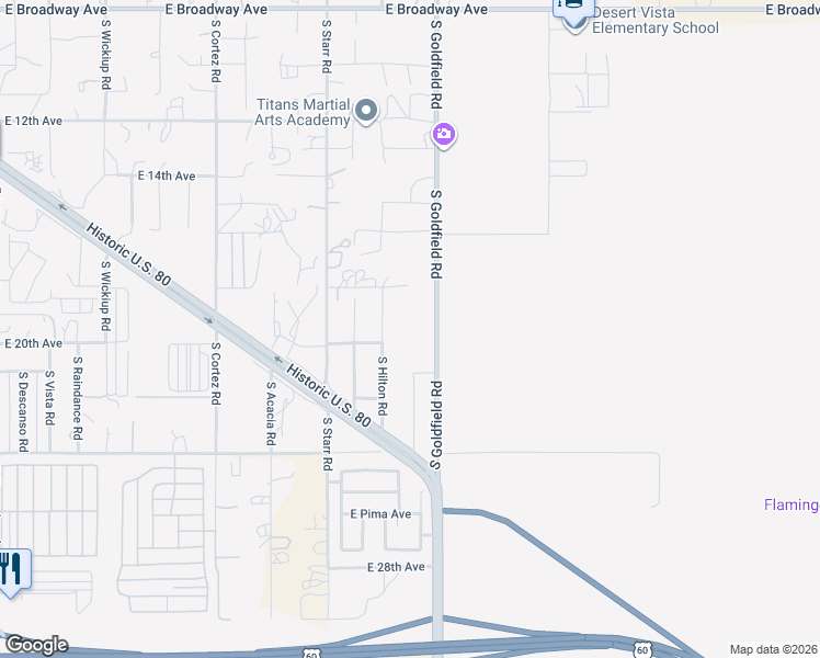 map of restaurants, bars, coffee shops, grocery stores, and more near 1966 South Goldfield Road in Apache Junction