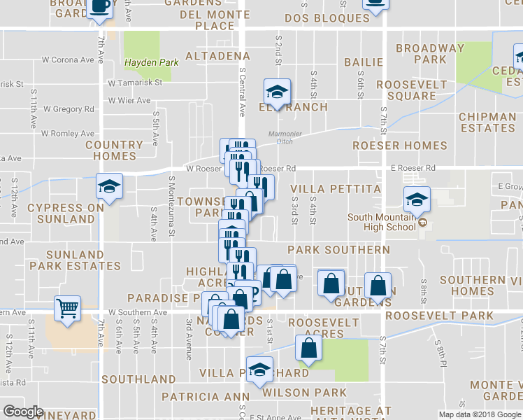 map of restaurants, bars, coffee shops, grocery stores, and more near 5403 S Central Ave in Phoenix