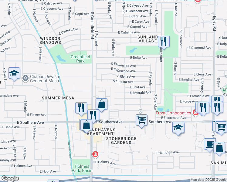 map of restaurants, bars, coffee shops, grocery stores, and more near 4518 East Emerald Circle in Mesa
