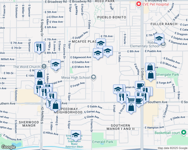 map of restaurants, bars, coffee shops, grocery stores, and more near 800 South Harris Drive in Mesa